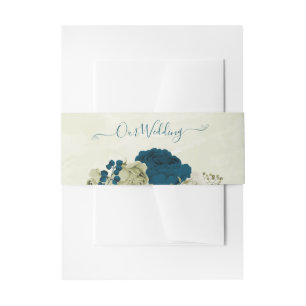 teal blue beige floral wedding invitation belly band