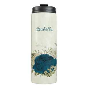 teal blue beige floral wedding thermal tumbler