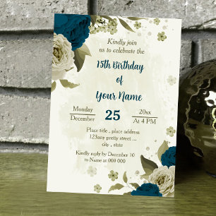 teal blue beige flowers botanical birthday invitation
