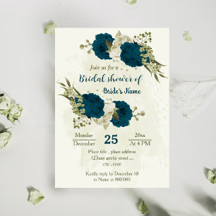 teal blue beige flowers botanical bridal shower invitation
