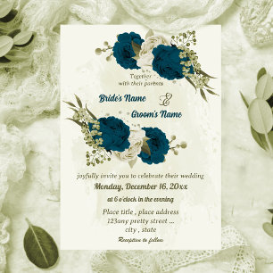 teal blue beige flowers botanical wedding invitation