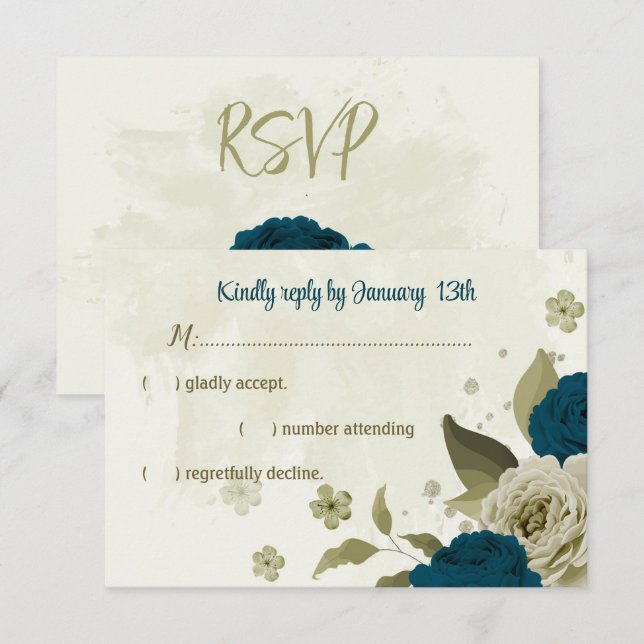 teal blue beige flowers botanical wedding RSVP card (Front/Back)