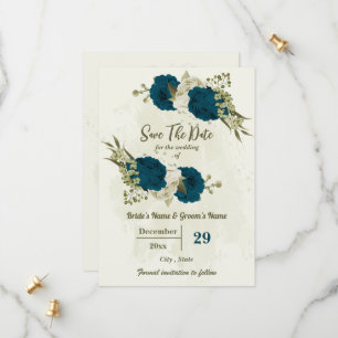 teal blue beige flowers botanical wedding save the date