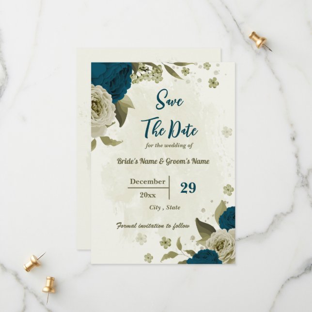 teal blue beige flowers botanical wedding save the date (Front/Back In Situ)