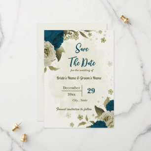 teal blue beige flowers botanical wedding save the date