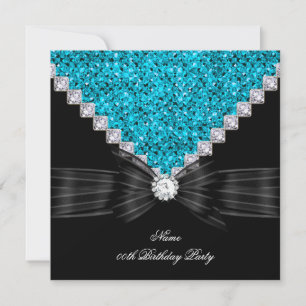 Teal Blue Birthday Party Black Glitter Diamond Invitation