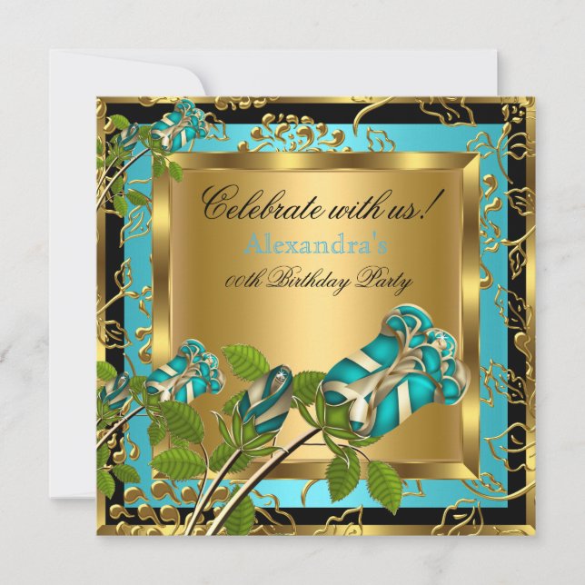 Teal Blue Birthday Party Gold Floral Black Rose Invitation (Front)
