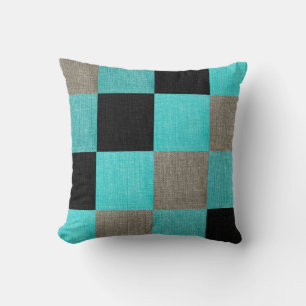 Teal Blue, Black and Grey Square Pattern Cushion