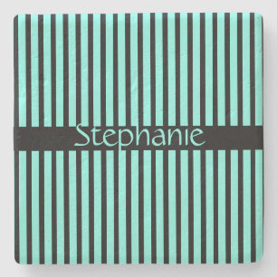 Teal Blue Black Baby Shower Custom Name Stripes  Stone Coaster