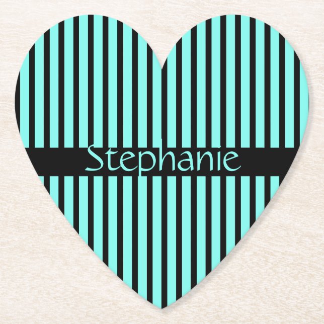 Teal Blue Black Baby Shower Stripe Custom Name  Paper Coaster (Front)