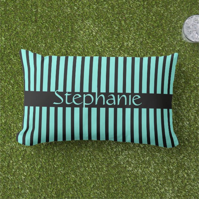 Teal Blue Black Custom Name Stripes Gift Favour Lumbar Cushion (Grass)