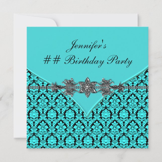 Teal Blue Black Damask Birthday Party Invitation (Front)