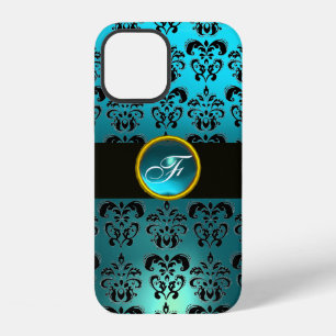 TEAL BLUE BLACK DAMASK GEM STONE MONOGRAM iPhone 12 CASE