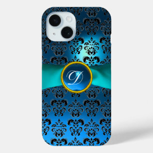 TEAL BLUE BLACK DAMASK GEMSTONE MONOGRAM iPhone 15 CASE