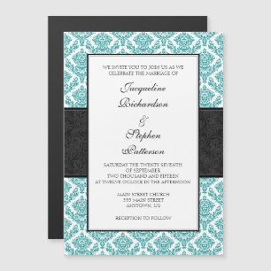 Teal Blue Black Damask Magnetic Wedding Invites