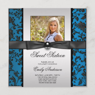 Teal Blue Black Damask Photo Sweet 16 Party Invitation