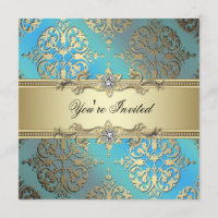 Teal Blue Black Gold Damask Party