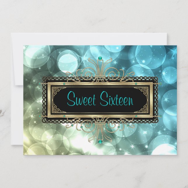 Teal Blue Black Gold Sweet Sixteen Birthday Party Invitation (Front)