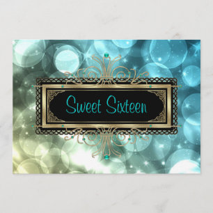Teal Blue Black Gold Sweet Sixteen Birthday Party Invitation