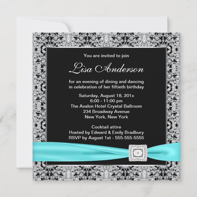 Teal Blue Black Lace Womans 50th Birthday Party Invitation (Front)