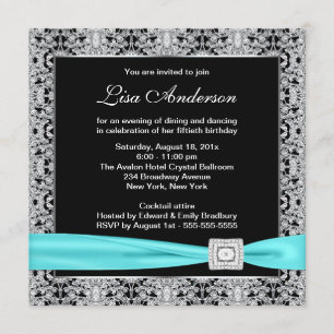 Teal Blue Black Lace Womans 50th Birthday Party Invitation