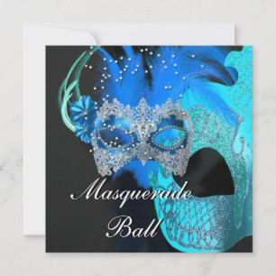 Teal Blue Black Masks Masquerade Ball Party Invitation