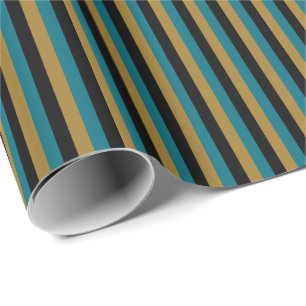 Teal Blue, Black, Matte Gold Vertical Stripe Wrapping Paper