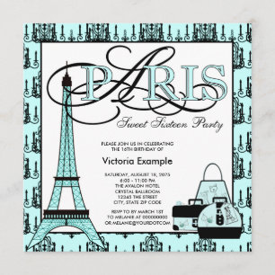 Teal Blue Black Paris Sweet 16 Birthday Party Invitation