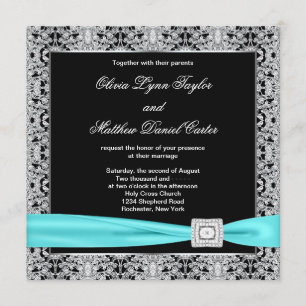 Teal Blue Black Silver Lace Classy Wedding Invitation