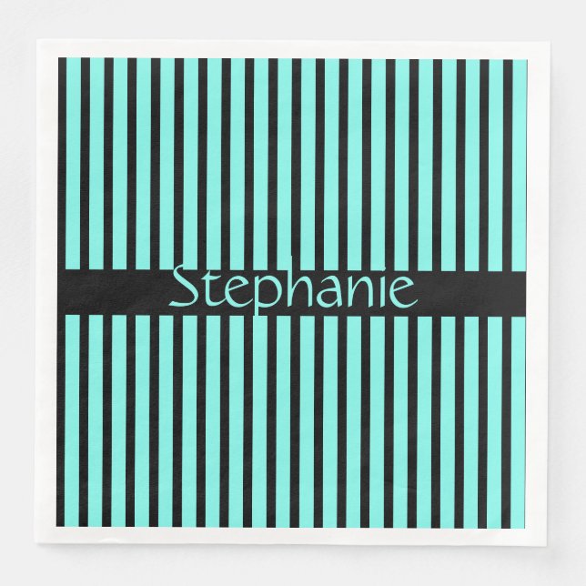 Teal Blue Black Stripes Baby Shower Custom Name Napkin (Front)