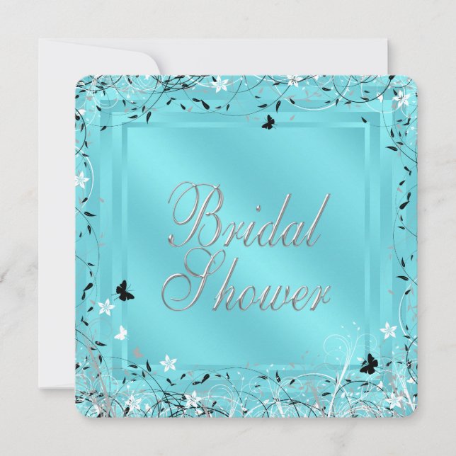 Teal Blue Black White Butterfly Bridal Shower Invitation (Front)