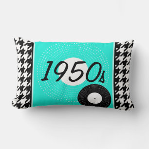 Teal, blue, black & white checkered1950s theme lumbar cushion