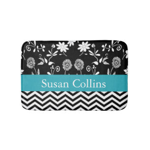 Teal Blue Black & White Chevron & Floral Pattern Bath Mat