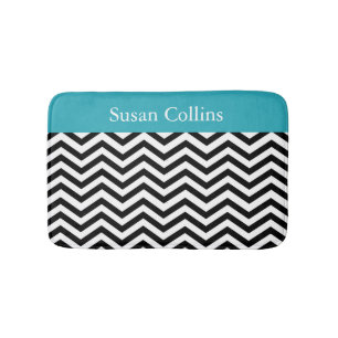 Teal Blue Black & White Chevron Pattern Bath Mat