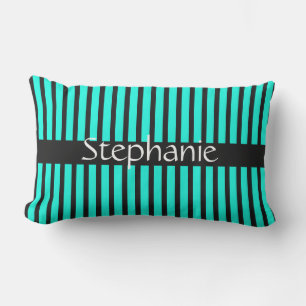 Teal Blue Black White Custom Name Stripes Favour Lumbar Cushion