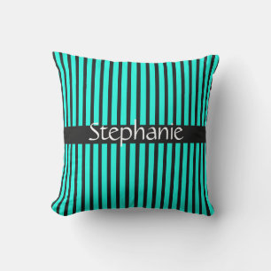 Teal Blue Black White Custom Name Stripes Patterns Cushion