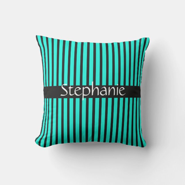 Teal Blue Black White Custom Name Stripes Patterns Cushion (Front)