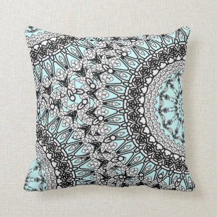 Teal Blue Black White Lace Pattern Pillow Cushion