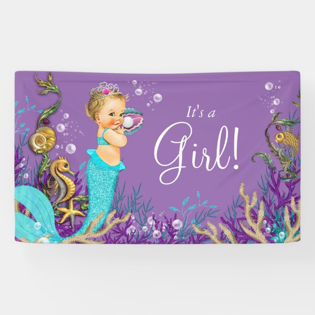 Teal Blue Blonde Mermaid Baby Shower Banner (Horizontal)