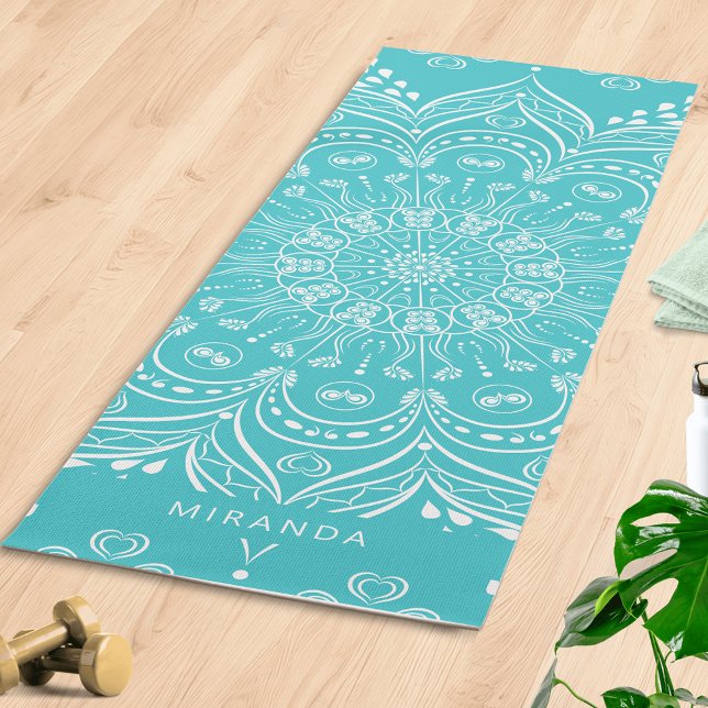 Teal Blue Boho Mandala Personalised Meditation Yoga Mat (Personalized Boho Yoga Mat with Teal Blue Mandala Pattern)