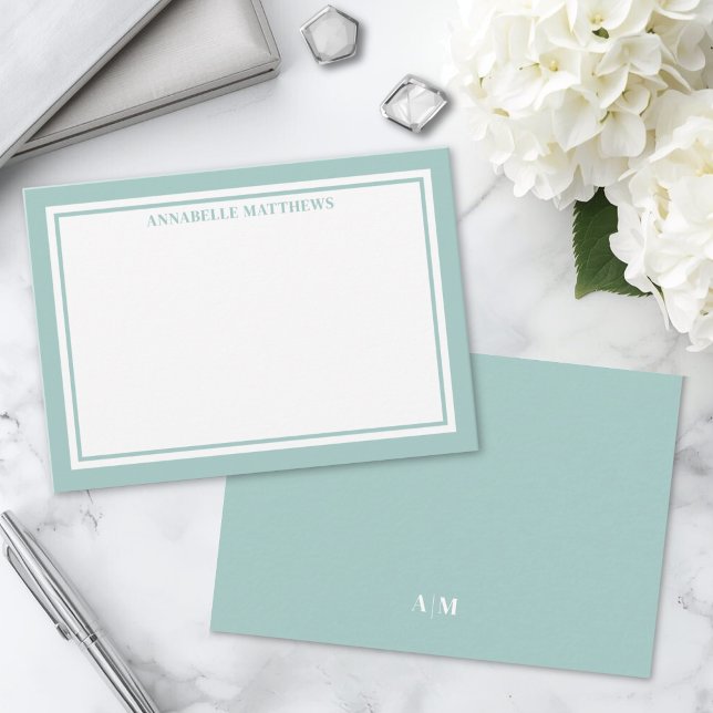 Teal Blue Border Minimalist Name Monogram Card (Teal Blue Border Minimalist Name Monogram Note Card )
