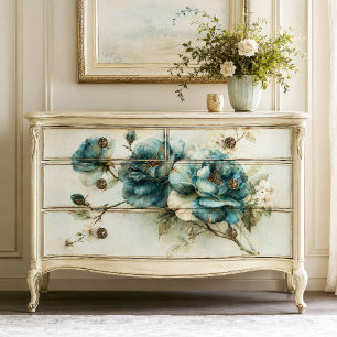 Teal Blue Botanical Peony Branch Decoupage Tissue Paper