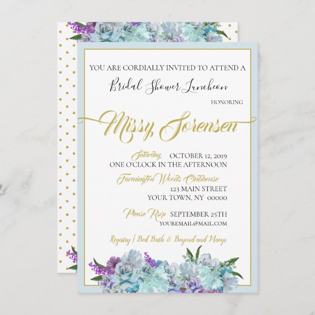 Teal Blue Bouquet Wedding Suite Shower Party Invitation (Front/Back)