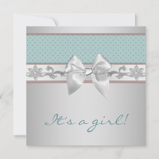 Teal Blue Bow Baby Girl Shower Invitation (Front)