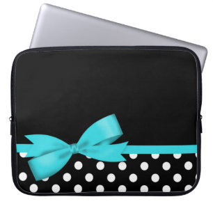 Teal Blue Bow Black and White Polka Dots Laptop Sleeve