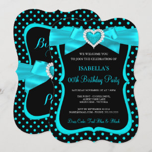 Teal Blue Bow Black Polka Dots Birthday Party Invitation