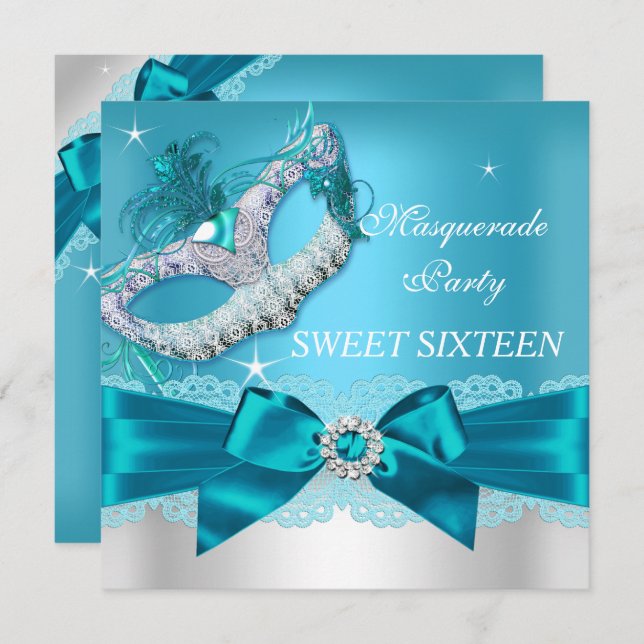 Teal Blue Bow Masquerade Sweet Sixteen Invite (Front/Back)