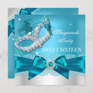 Teal Blue Bow Masquerade Sweet Sixteen Invite