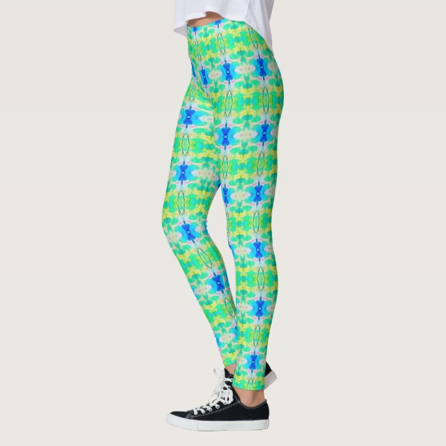 Teal Blue Bright Patterned Ladies Leggings (Left)