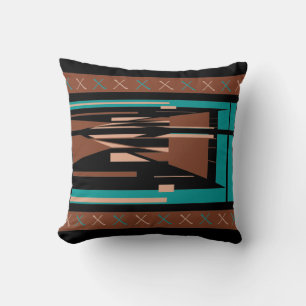 Teal Blue Brown Beige Black Mediterranean Mosaic Cushion